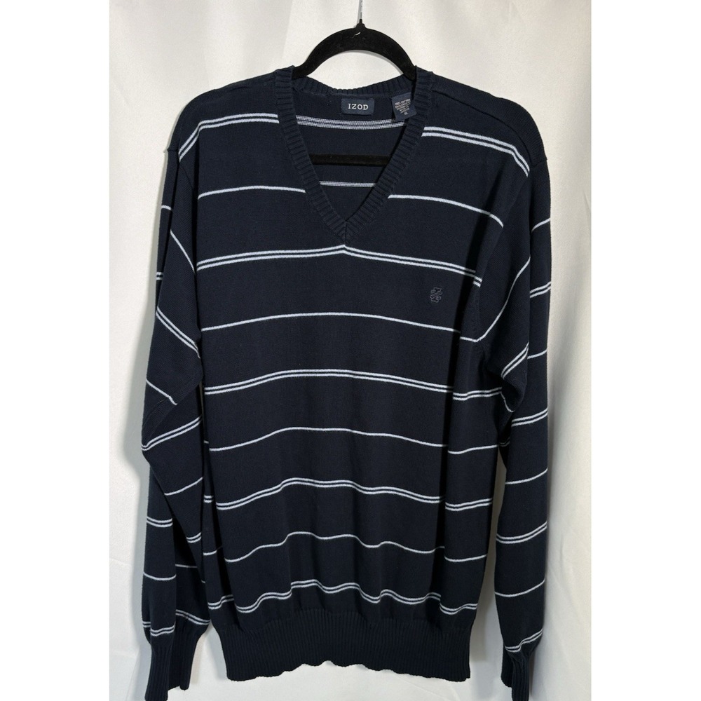 Izod V neck Sweater Size M Pullover Long Sleeve blue white stripe‎ new